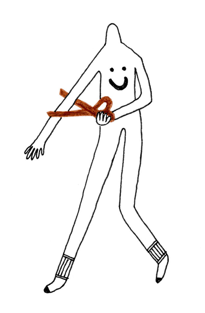 Line drawing of a humanoid figure with a smiley face on its chest, holding a pair of scissors that are open over its arm